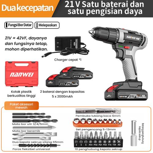 [EZR.3300195] 42V Mesin bor cordless/bor baterai/ bor listrik/Impact Drill Bor Beton - kecepatan ganda, Dua baterai