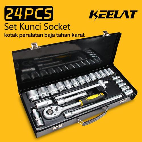 [EZR.3400005] 【KEELAT】 24Pcs Kunci Sok Set Socket Full Lengkap Socket Tool Kit Pas Ring Motor Kunci Socket Wrench Pas Sok Shock Logam - 24pcs—PresisiTinggi