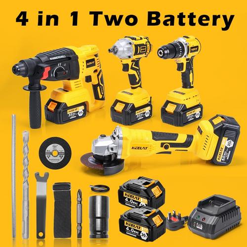 [EZR.3400007] 【KEELAT】 Combo Set 4 IN 1 Brushless Motor Cordless Drill+Angle Grinder+Impact Wrench+Rotary Hammer Power Tool Combo Sets Baterai Aksesoris Bor Buku Elektrik Gerinda Kunci Led Listrik Paket Palu Socket Torsi - 4-in-1 Combo Set-A