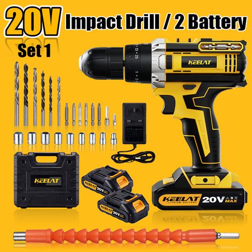 [EZR.3400033] 【KEELAT-KCD005】20V Mesin Bor 2Baterai Cordless Drill Impact Electric Battery Screwdriver Wall 3 Mode Screwdriver Hammer Drill Bits torsi - 20V Pro*2Baterai