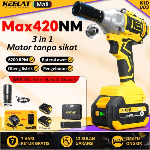 [EZR.3400044] 【KEELAT-KID003】 13MM CORDLESS IMPACT WRENCH BRUSHLESS Max-420N.M impact baterai 48VF MESIN BOR  UNTUK BAUT MOBIL impact  48v original 2baterai impek baterai torsi cvt motor - 【Max-3 in 1】+ 1PCS, 1*Baterai 1.5A—LXT
