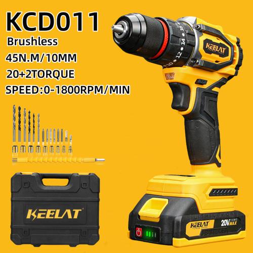 [EZR.3400051] KEELAT KCD011 NEW Brushless Mesin bor 2baterai 10mm Cordless Drill  Cordless Impact Drill Screwdriver Multifunction bor listrik Bor Beton Kayu BesiTembok Torsi bor  redbon set hammer baterai fungsi - KCD011*0