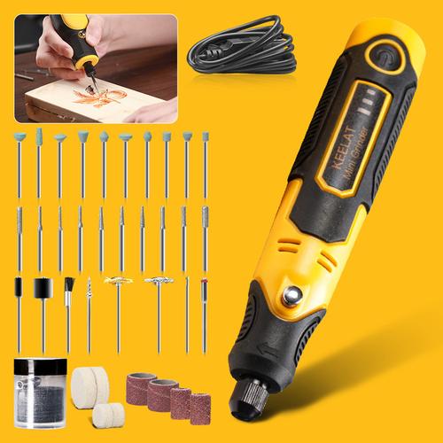 [EZR.3400058] 【KEELAT KCMG02】 Bor Mini Grinder  SET 3 Kecepatan 57 Aksesoris Mesin Ukir Poles Listrik Alat Ukir Baterai Hitam Kabel Kuning Paket pengeboran - 57Pcs set