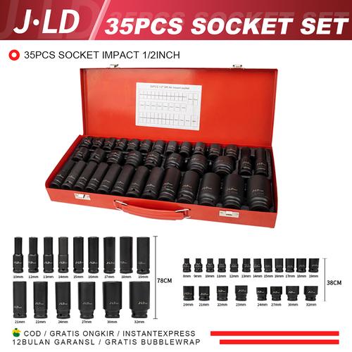[EZM.1320256] JLD Impact Socket set 1/2inch Socket Extention Impact Socket 35pcs Deep Impact Sockets Hex Bit Socket Sleeve Sets Metric Chrome Vanadium Steel with Case
