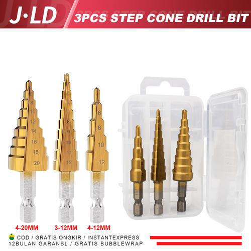 [EZM.1320304] JLD Mata Bor Pagoda  Mata Bor Pagoda Spiral Multi Multi Ukuran Mata Bor Pagoda Step Drill Set 3pcs HSS Titanium Coated