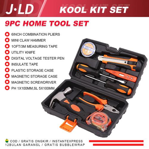 [EZM.1320307] JLD Toolkit Set 9pcs Alat Pertukangan Palu handtool box Perkakas Tukang Lengkap Tang Obeng/meteran/Cutter/Tespen