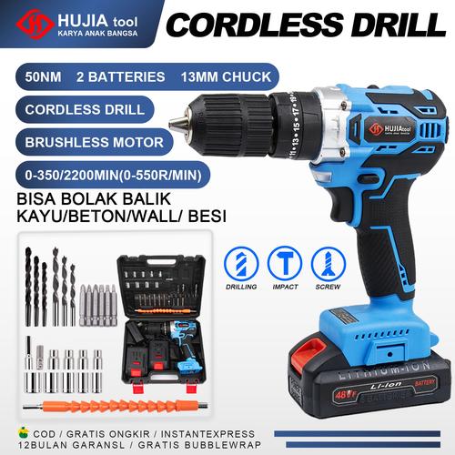 [EZM.1320324] HUJIA BISA COD!!! Mesin bor baterai 48VF Brushless Cordless Drill 13mm Chuck Tanpa Kunci 25+3 Chuck Variabel Speed Bor With 2 baterai/charger - fullset 2021