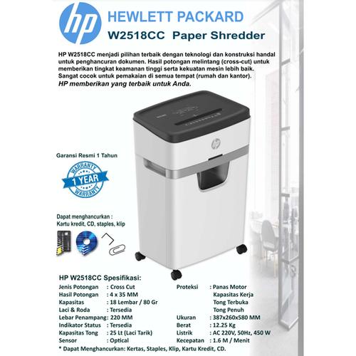 [EZO.7200077] HP 2518, Penghancur Kertas - Paper Shredder (Hewlett Packard), Kapasitas 18 lembar 25 Ltr, HP W2518CC | Original