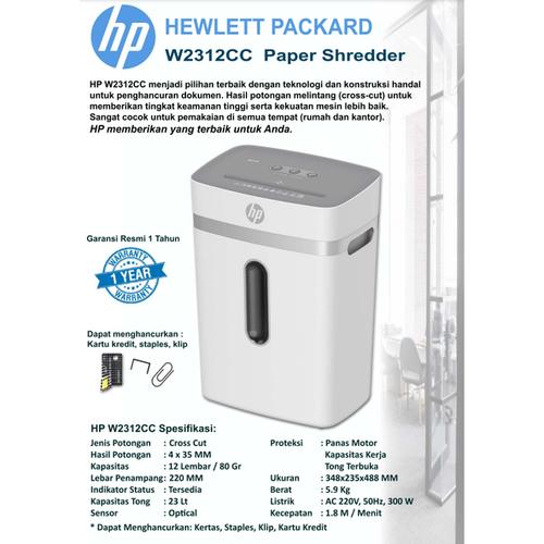 [EZO.7200078] HP 2312, Penghancur Kertas - Paper Shredder (Hewlett Packard), Kapasitas 12 lembar 23 Ltr, HP W2312CC | Original