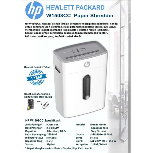 [EZO.7200079] HP 1508, Penghancur Kertas - Paper Shredder (Hewlett Packard), Kapasitas 8 lembar 15 Ltr, HP W1508CC | Original