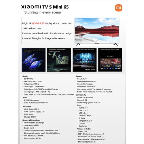 [EZO.7200112] Xiaomi Mi Google TV 65" L65MA-SPLME S Mini LED 2025 4K UHD 144Hz Dolby Vision Garansi Resmi