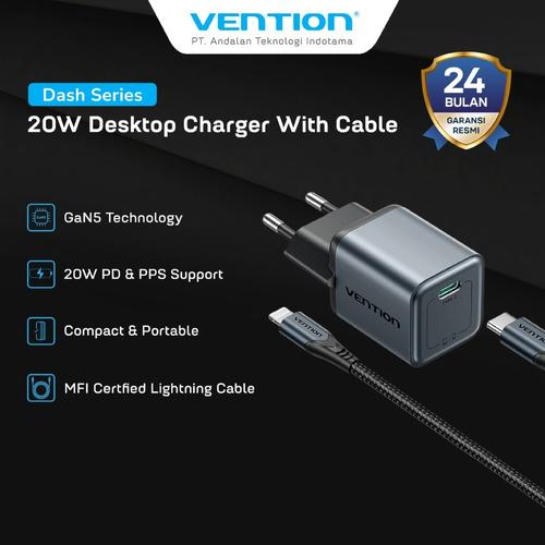 [EZO.7200182] Vention Dash SerIes Kepala Charger GaN5 1C 20W Fast Charging EU With USB C To Lightning MFI Cable 1M - TZ-FEV