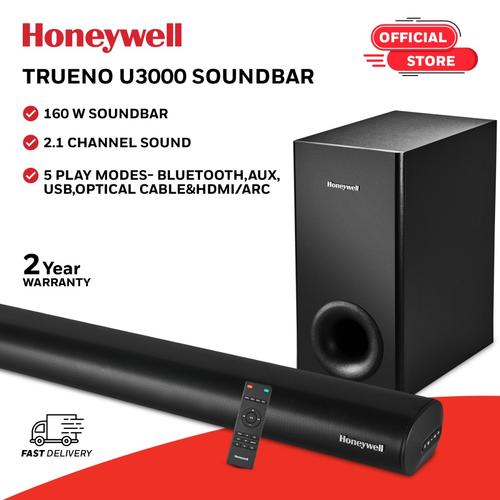 [EZO.7200193] Honeywell Trueno U3000 160W Soundbar with Wired Subwoofer, 2.1 Channel Sound, 57.15 mm*4 Drivers, Bluetooth V5.0+EDR, with Remote, EQ Mode, 5 Play Modes-BT, Audio Jack, USB, Optical & HDMI/ARC