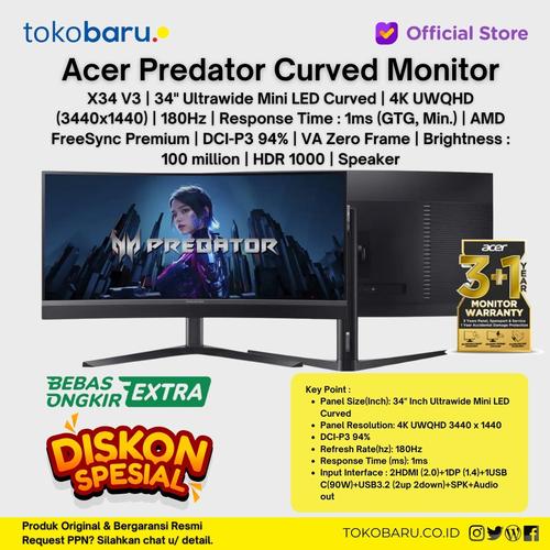 [EZO.7200229] Acer Monitor 34 Inch Predator X34 V3 | UWQHD 240Hz