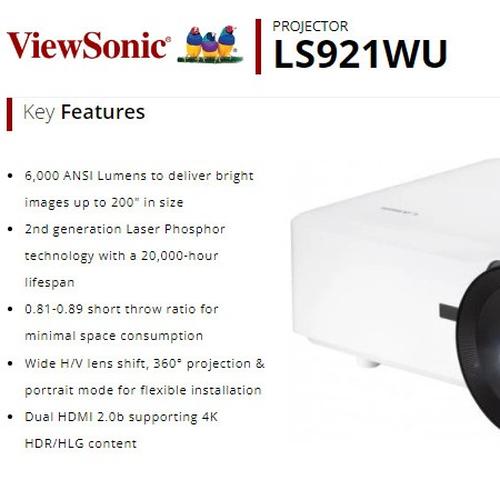 [EZO.7200302] Projector Laser ViewSonic LS921WU |WUXGA |6000 ANSI Lumens