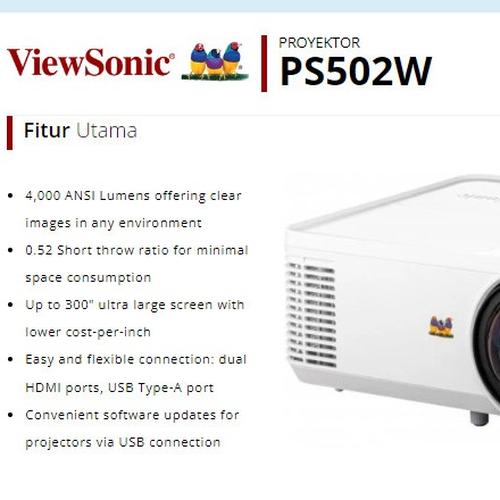 [EZO.7200303] Projector ViewSonic PS502W WXGA Short Throw 4000 ANSI Dual HDMI