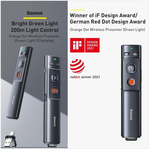 [EZO.7200740] Baseus Orange Dot Wireless Presenter ( Green Laser ) ( Charging ) Grey