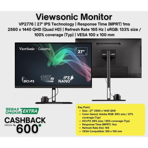 [EZO.7200747] Monitor Viewsonic  VP2776 165 Hz Nano IPS Professional Video Editing Monitor