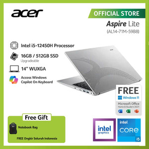 [EZO.2100087] ACER LAPTOP ASPIRE LITE AL14-71M-59B8 14" WUXGA INTEL CORE I5-12450H RAM 16GB STORAGE 512GB SSD INTEL UHD GRAPHICS WINDOWS 11