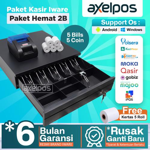 [EZO.7800005] Paket Alat Mesin Kasir Android Iware Cash Drawer 5 Slot - Printer Bluetooth 58mm - Free kertas 5 Roll