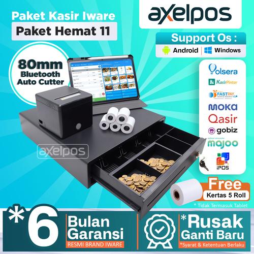 [EZO.7800040] Paket Alat Mesin Kasir Iware Printer Bluetooth Thermal 80mm Auto Cutter - Cash Drawer 4 slot - Free kertas Thermal 5 roll