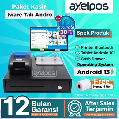 [EZO.7800048] Paket Alat Mesin Kasir Android Iware - Tablet Android 10Inc - Printer Thermal Bluetooth 58mm - Cash Drawer 4 Slot - Free kertas 5 roll