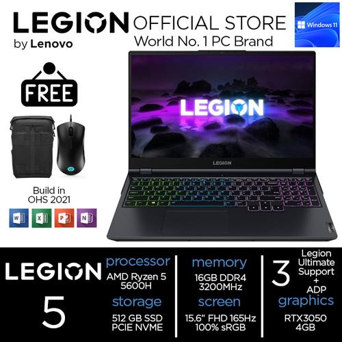 [EZO.2400360] Lenovo Legion 5 Ryzen 5 5600 16GB 512ssd RTX3050 4GB W11+OHS 15.6 DYID