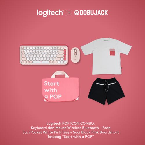 [EZO.8500002] Logitech POP ICON COMBO Keyboard dan Mouse Bluetooth Rose X Dobujack Saci Pocket White Pink Tees + Saci Black Pink Boardshort Exclusive Bundle