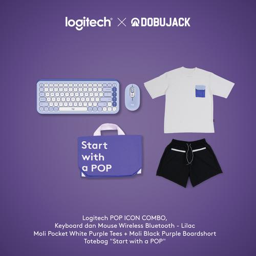 [EZO.8500110] Logitech POP ICON COMBO Keyboard dan Mouse Bluetooth Lilac X Dobujack Moli Pocket White Purple Tees + Moli Black Purple Boardshort Exclusive Bundle