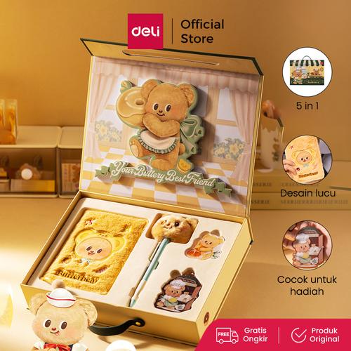 [EZO.7000044] Deli x Butterbear Set Hadiah 5in1 / Gift Box Isi Notebook, Gel Pen, Gantungan, Magnet Kulkas, Stiker HY072