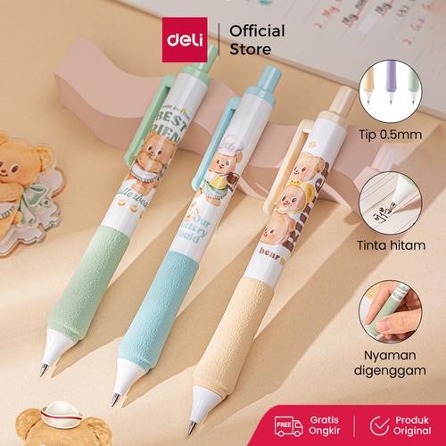 [EZO.7000046] Deli x Butterbear Gel Pen 0.5mm Tinta Hitam Nyaman digenggam HY00*