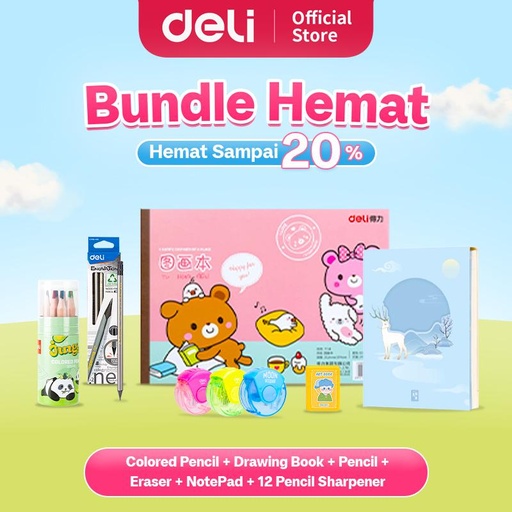 [EZO.7000066] Deli Bundle Hemat 5 / 1 Set Pensil Warna 12 Warna, 1 Buku Menggambar, 1 Penghapus, 1 Notepad, 12 Rautan Pensil / Overstock2025-5