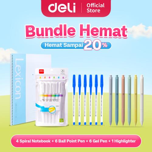 [EZO.7000067] Deli Bundle Hemat 2 / 4 Buku Tulis Spiral, 6 Pen Bolpoin, 6 Pulpen Gel, 1 Highlighter / Overstock2025-2