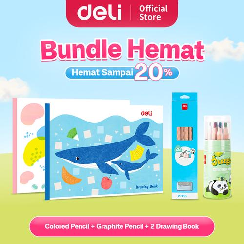 [EZO.7000068] Deli Bundle Hemat 1 / 1 Set Pensil Warna 12 Warna, 1 Set Pensil Sketsa 2B, 2 Buku Menggambar / Overstock2025-1