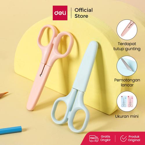 [EZO.7000079] Deli Gunting / School Scissors Warna Pastel Ujung Bulat Dilengkapi Penutup E6022