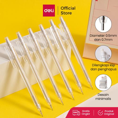 [EZO.7000093] Deli Pensil Mekanik / Mechanical Pencil Transparan 0.5mm / 0.7mm Klip Pena dan Penghapus SH12