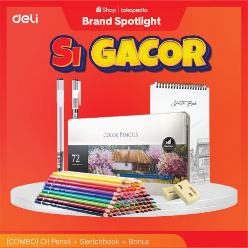 [EZO.7000170] [Si GACORR] Deli Combo Oil Pensil 24/36/48/72 + SketchBook Free Gel Pen Free Penghapus
