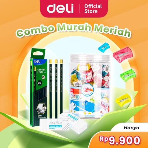 [EZO.7000171] Deli Bundle Pensil Kayu isi 2B x Rautan lucu x Penghapus Ujian / Graphite Pencil, Sharpener,Exam Eraser EC29+EH032+EH00110