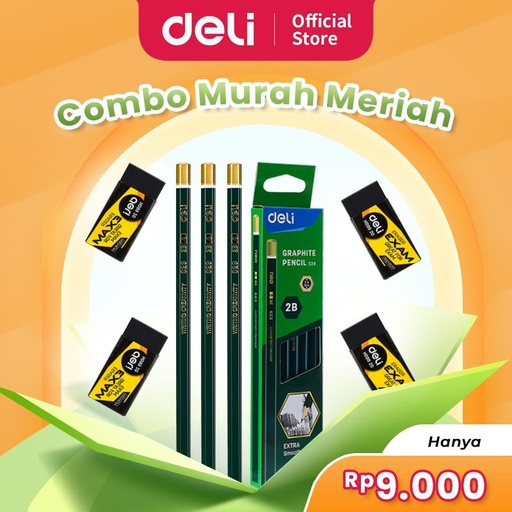 [EZO.7000172] Deli Bundle Pensil Kayu 2B isi 12 x Penghapus Ujian / Graphite Pencil and Exam Eraser EC29+EH09920