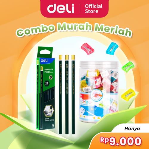 [EZO.7000173] Deli Bundle Pensil Kayu 2B isi 12  x Rautan Lucu Warna Warni / Graphite Pencil and Sharpener EC29+EH032