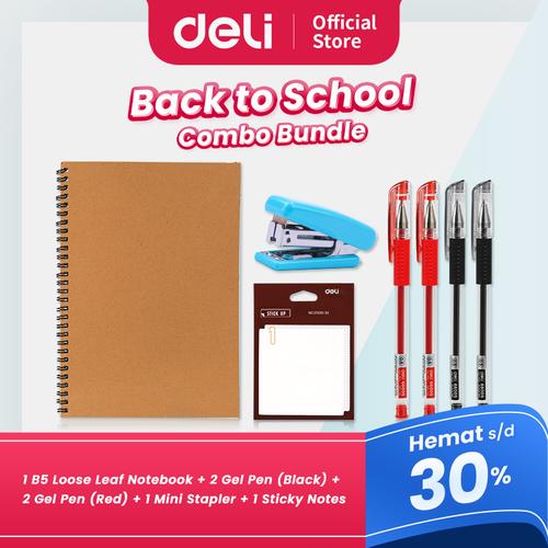 [EZO.7000244] DELI "BACK TO SCHOOL" BUNDLE - 1 B5 Loose Leaf Notebook, 2 Gel Pen (Black), 2 Gel Pen (Red), 1 Mini Stapler, 1 Sticky Notes