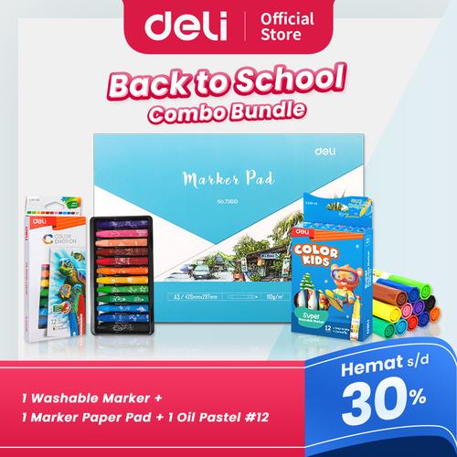 [EZO.7000246] DELI "BACK TO SCHOOL" BUNDLE - 1 Washable Marker, 1 Marker Paper Pad, 1 Oil Pastel #12