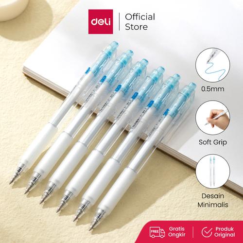 [EZO.7000261] Deli Pulpen Gel Pen 0.5mm Tinta Hitam Biru Nyaman Digenggam EG057