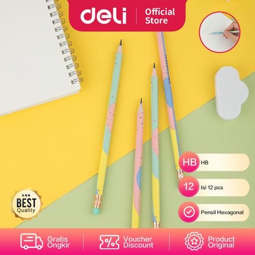 [EZO.7001087] Deli Pensil Macaron pattern HB Isi 12Pcs Dilengkapi Penghapus EU54800