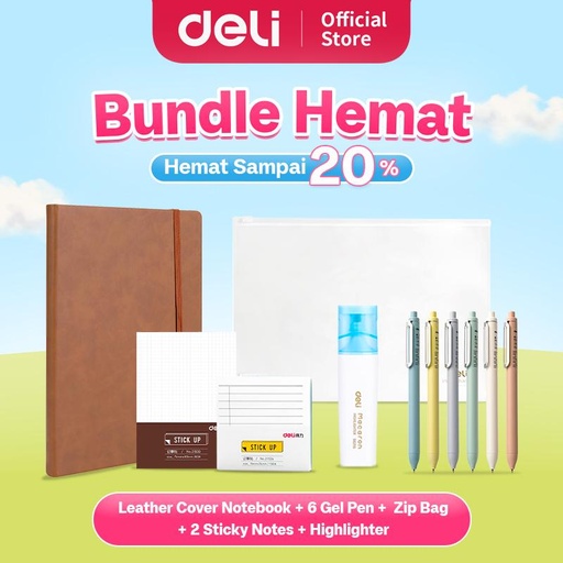 [EZO.7001595] Deli Bundle Hemat 4 / 1 Buku Catatan Sampul Kulit, 6 Pulpen Gel, 2 Sticky Notes, 1 Highlighter, 1 Zip Bag / Overstock2025-4