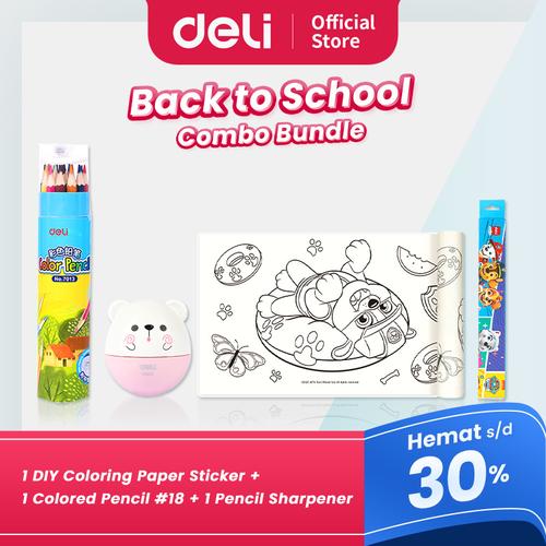 [EZO.7001617] DELI "BACK TO SCHOOL" BUNDLE - 1 DIY Coloring Paper Sticker, 1 Colored Pencil #18, 1 Pencil Sharpener