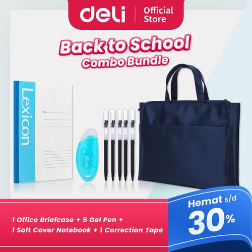 [EZO.7001618] DELI "BACK TO SCHOOL" BUNDLE - 1 Office Briefcase, 5 Gel Pen (Black), 1 Soft Cover Notebook, 1 Correction Tape