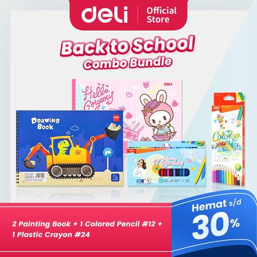 [EZO.7001619] DELI "BACK TO SCHOOL" BUNDLE - 2 Painting Book, 1 Colored Pencil #12, 1 Plastic Crayon #24