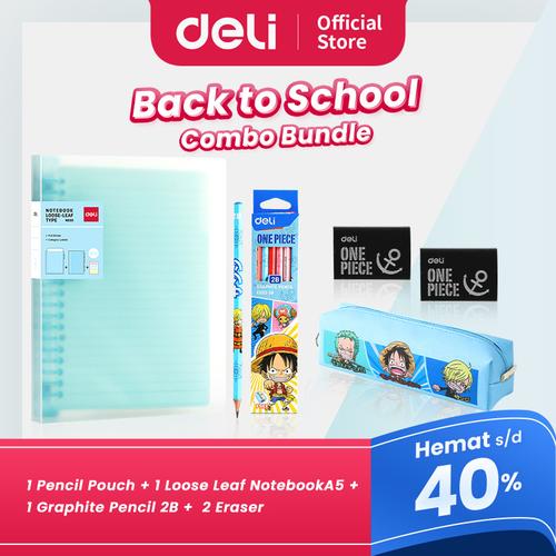 [EZO.7001620] DELI "BACK TO SCHOOL" BUNDLE - 1 Pencil Pouch, 1 A5 Loose Leaf Notebook, 1 2B Graphite Pencil, 2 Eraser