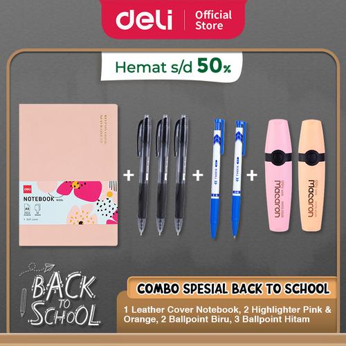 [EZO.7001751] PAKET SIAP SEKOLAH DELI - Notebook Cover Kulit, Ballpoint, Highlighter